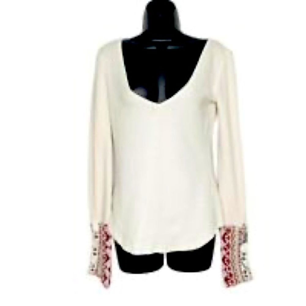 Free People thermal top with detailed cuff sleeve beige